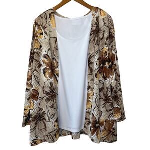 Alfred Dunner Floral Boho Open Front Mesh Cardigan Attached Cami White Brown XL